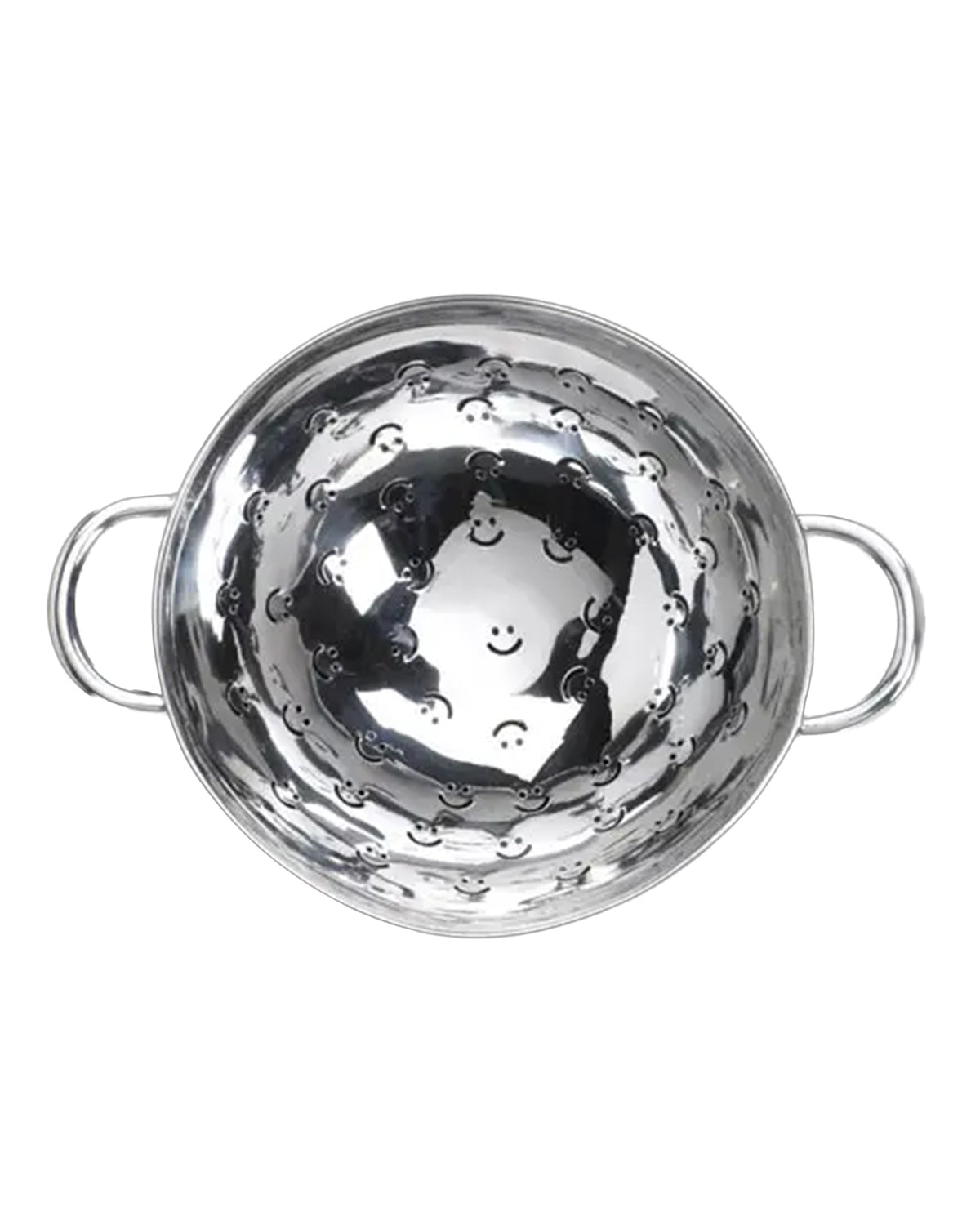 A top view of Faire's Berry Happy Bowl, a stainless steel colander with dual handles and smiley face holes—ideal for rinsing fruit with a cheerful twist.