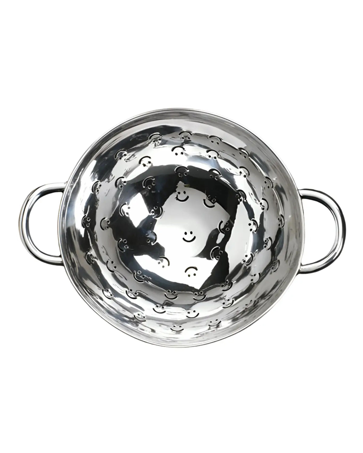 Stainless steel Berry Happy Bowl-Colander with smiley face drainage holes and two side handles by Bungalow.