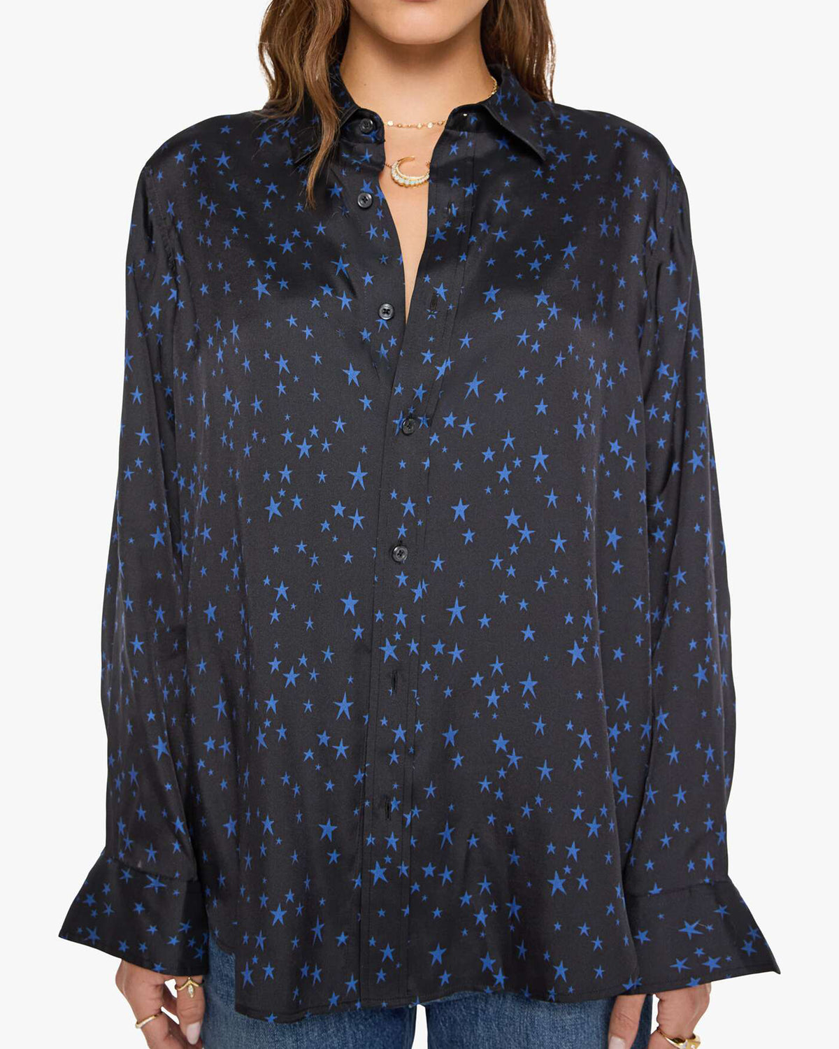 Black long-sleeve cotton button-up shirt with a blue star print by Mother, style The Bestie.