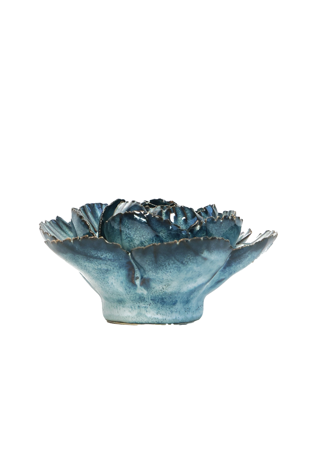 Navy Cabbage Flower ceramic bowl from Bungalow Furniture &amp; Accessories in variegated navy blue.