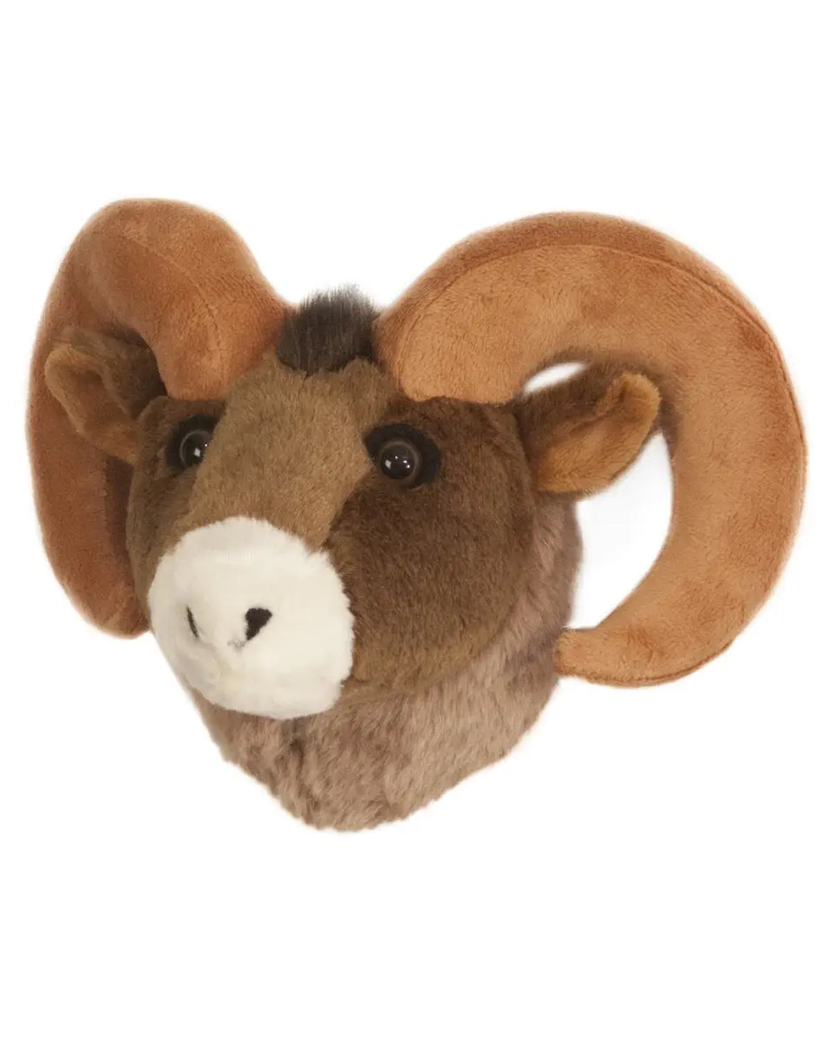 The Faire Big Horn Sheep Mini Trophy Head features large curved brown horns, soft brown fur, a white snout, and black button eyes—an ideal wall décor piece for outdoor lovers. Displayed on a crisp white background.