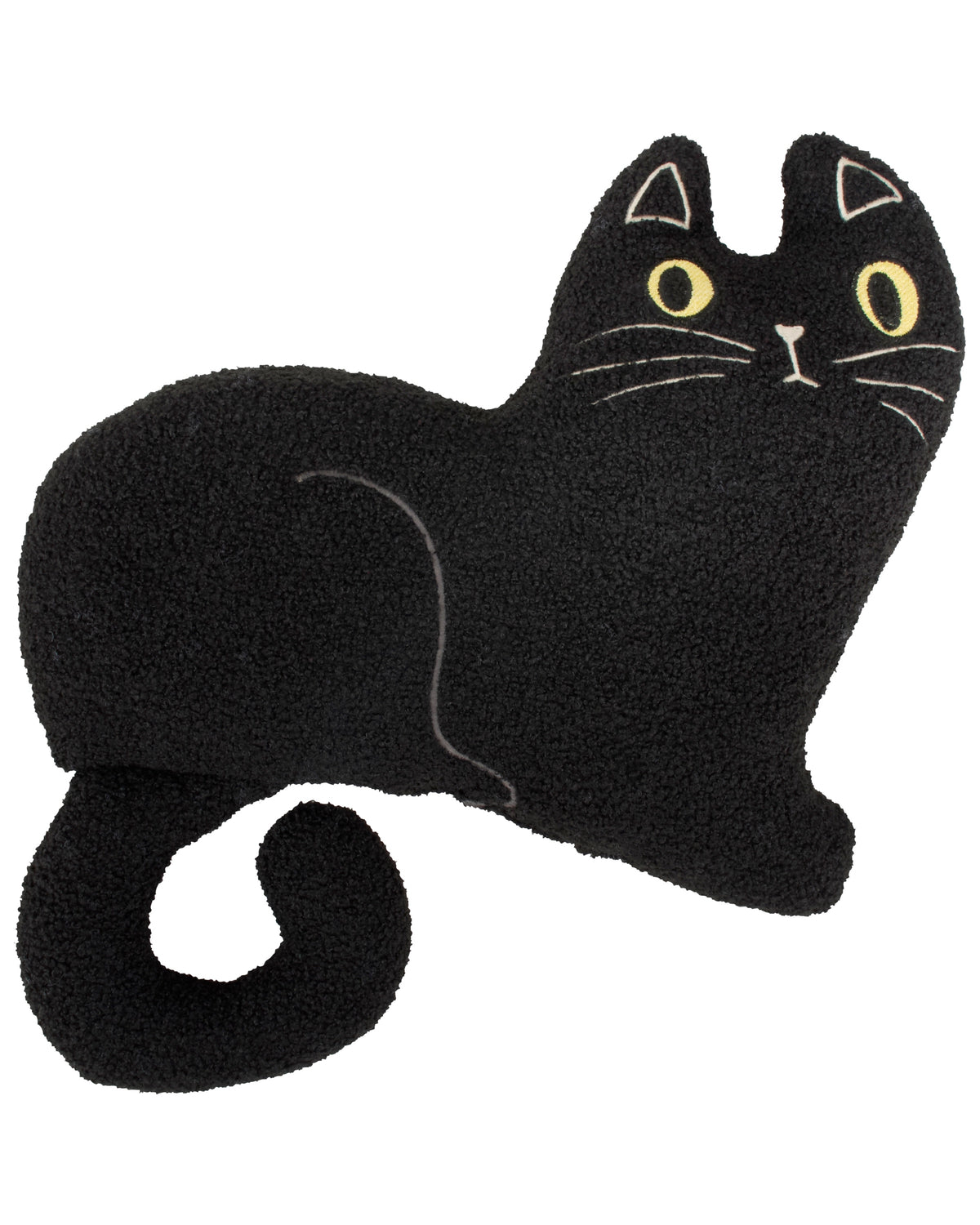 Black cat-shaped pillow with stitched details and yellow eyes by Faire, adds playful accent to living room decor.
