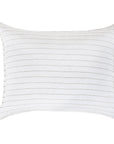 The Blake Big Pillow 28x36 by POM POM showcases a minimalist design with interwoven stripes. Its thin horizontal gray lines on a white background highlight subtle elegance, reflecting the beauty of hand-loomed craftsmanship.