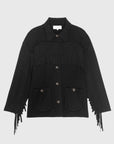 Chunky sweater jacket with fringe trim and front pockets by The Great Inc., heavyweight yarn, Western-inspired style.
