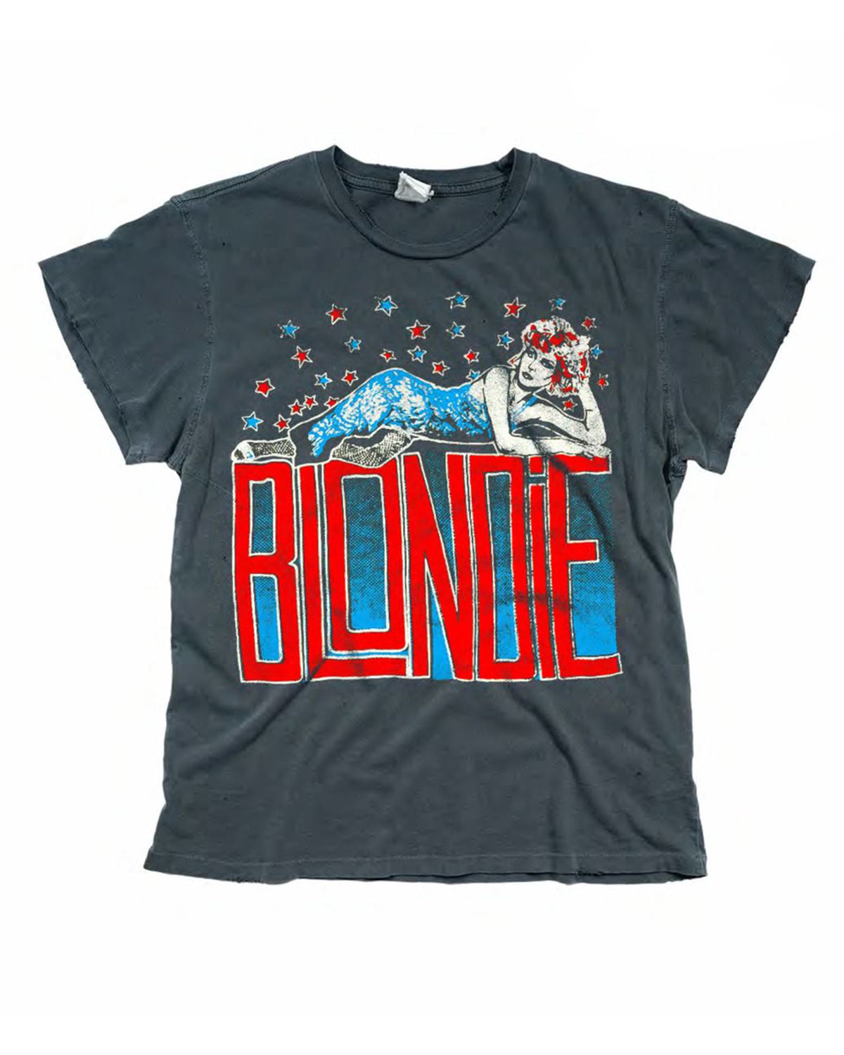 The Blondie Crew Tee by Made Worn is a black T-shirt with a graphic of a woman lying above "BLONDIE" in bold red and blue letters, accented by stars. Made from signature cotton for a vintage unisex fit.