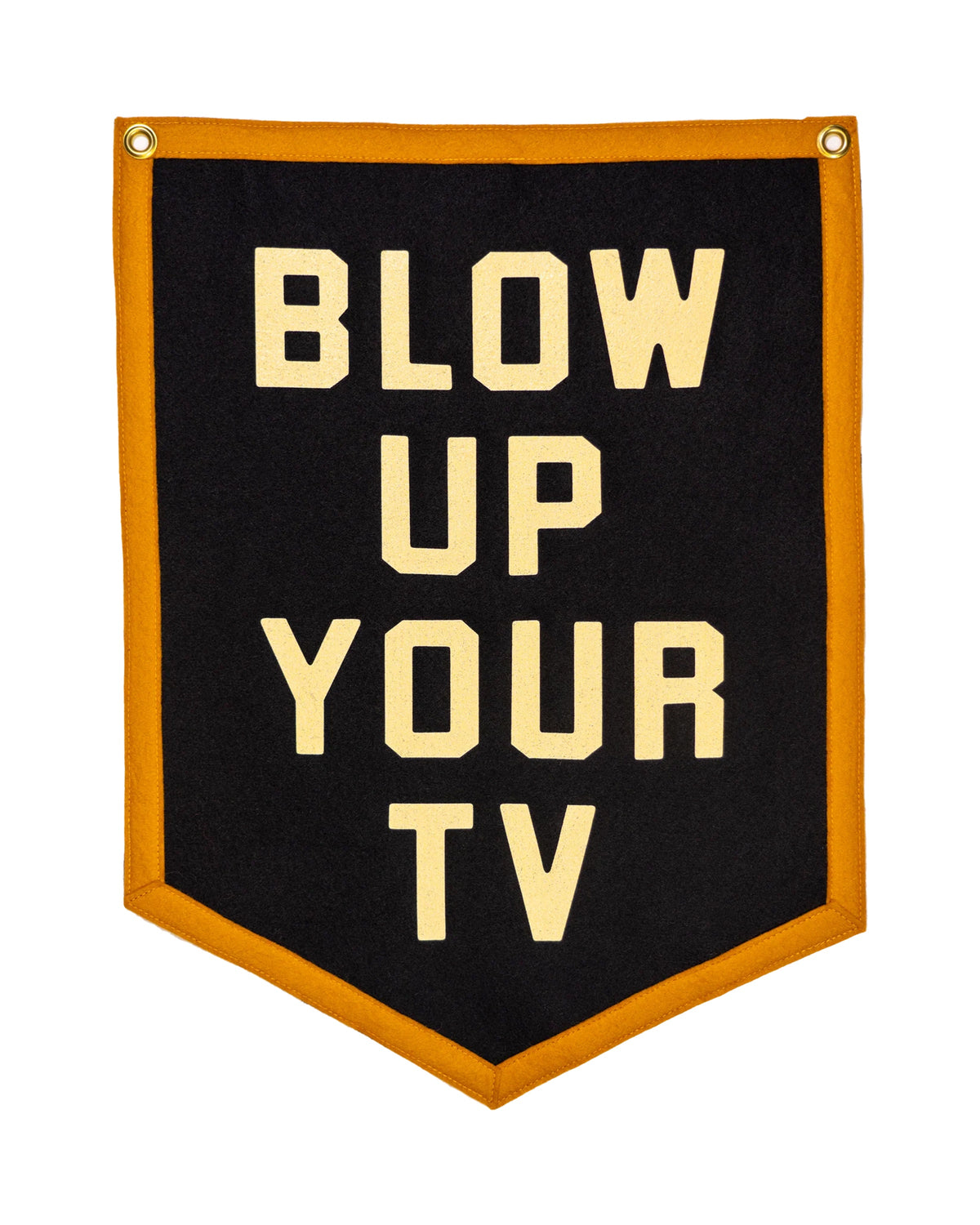 Yellow camp flag with bold text and trim by The Faire, perfect for adding a bright accent to any space.