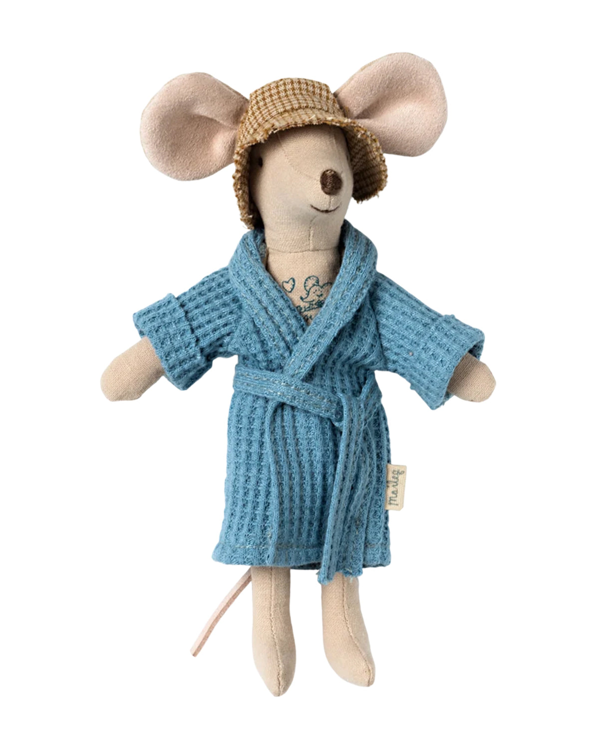 Maileg Mum and Dad Mouse in dusty blue bathrobe with stitched details, brown hat, and small tail.