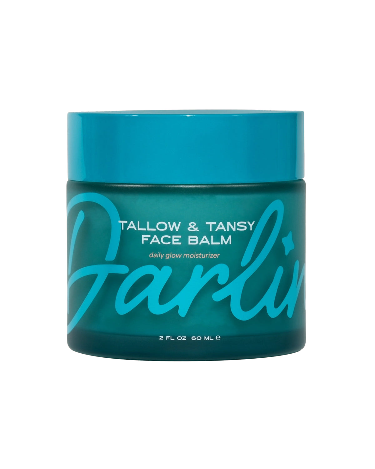 A teal jar labeled "Faire Tallow Face Balm | Natural Blue Tansy Skincare Moisturizer, 2 fl oz (60 mL)" features bold turquoise lettering and a matching lid—a soothing blue tansy balm for grass-fed tallow skincare.