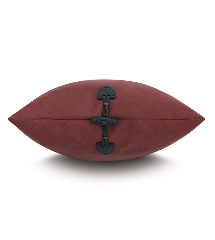 Brick red faux leather pillow with dark green toggle closure, 15x26 Andes by Bungalow Furniture &amp; Accessories.