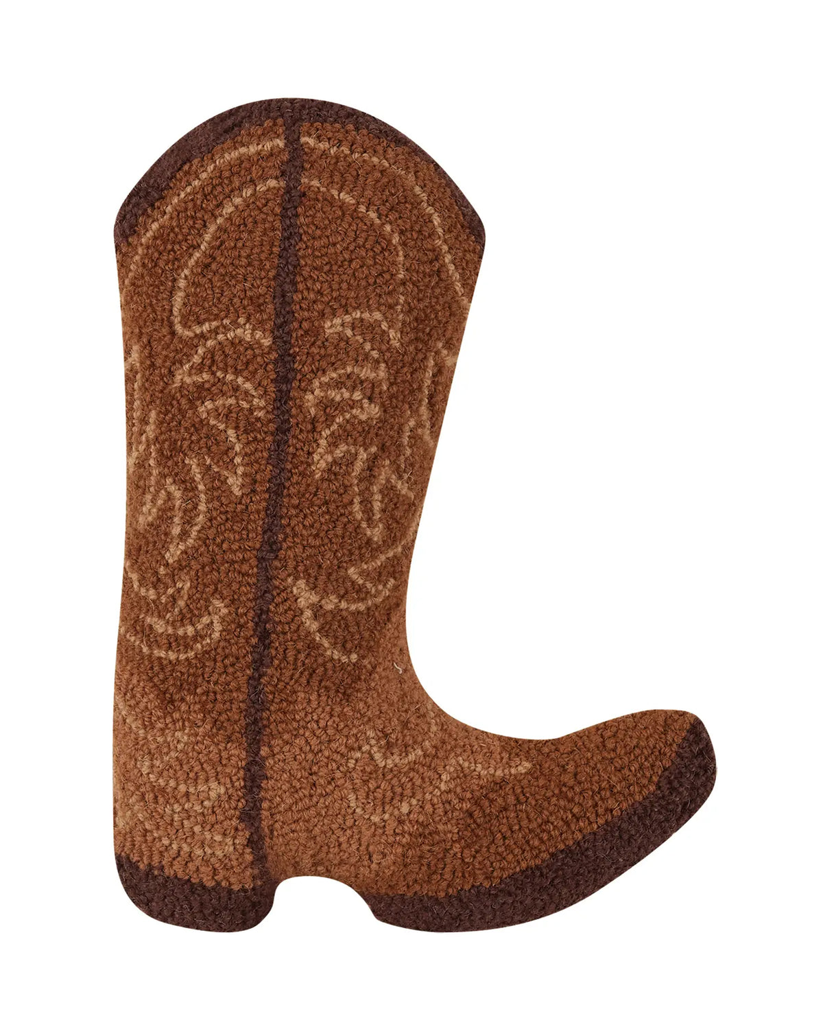 The Faire Brown Cowboy Boot Pillow features a boot-shaped design with dark brown accents and decorative western stitching, resembling a cowboy boot.