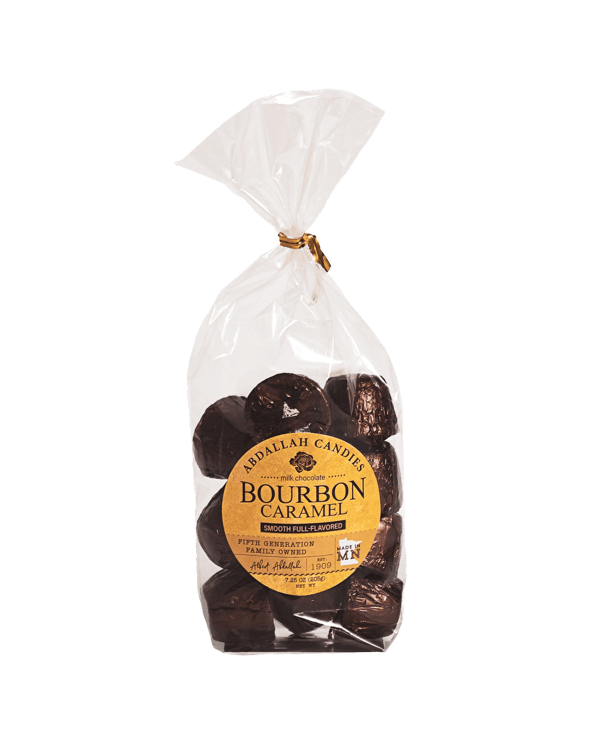 Milk chocolate caramel bites in a clear bag with gold twist tie, Abdallah brand, 7.25 oz.