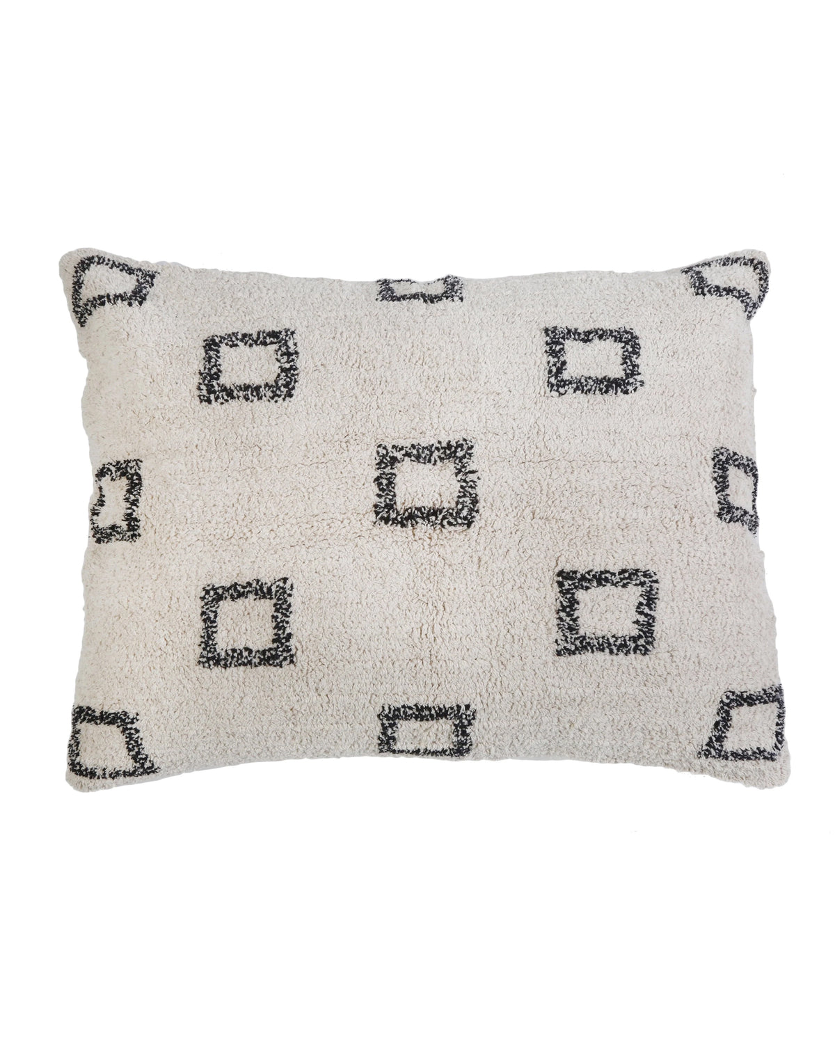 The Bowie Big Pillow by POM POM is a rectangular, cream-colored hand-woven pillow with a textured surface and evenly spaced black, rough-edged square outlines on the front.