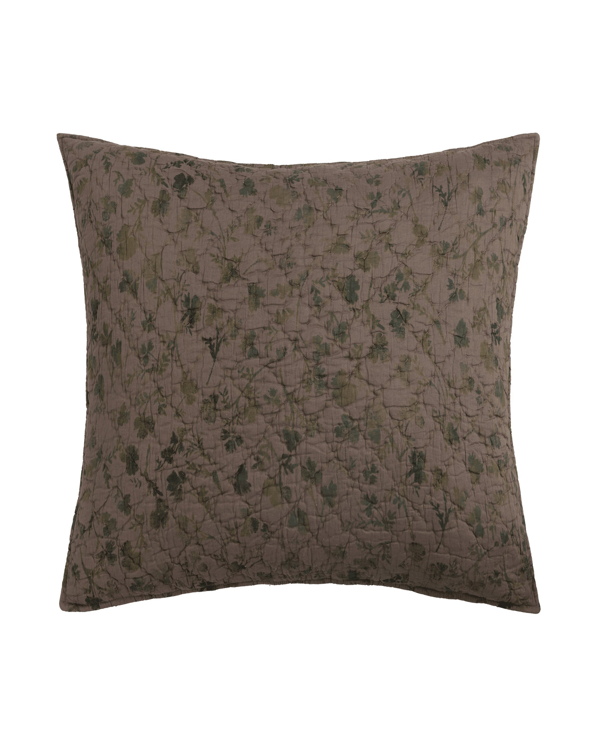 The Brittany Sham by Amity Home is a rectangular pillow featuring a muted brown background with a subtle dark green floral pattern. Hand quilted for unique texture, it looks soft and plush.