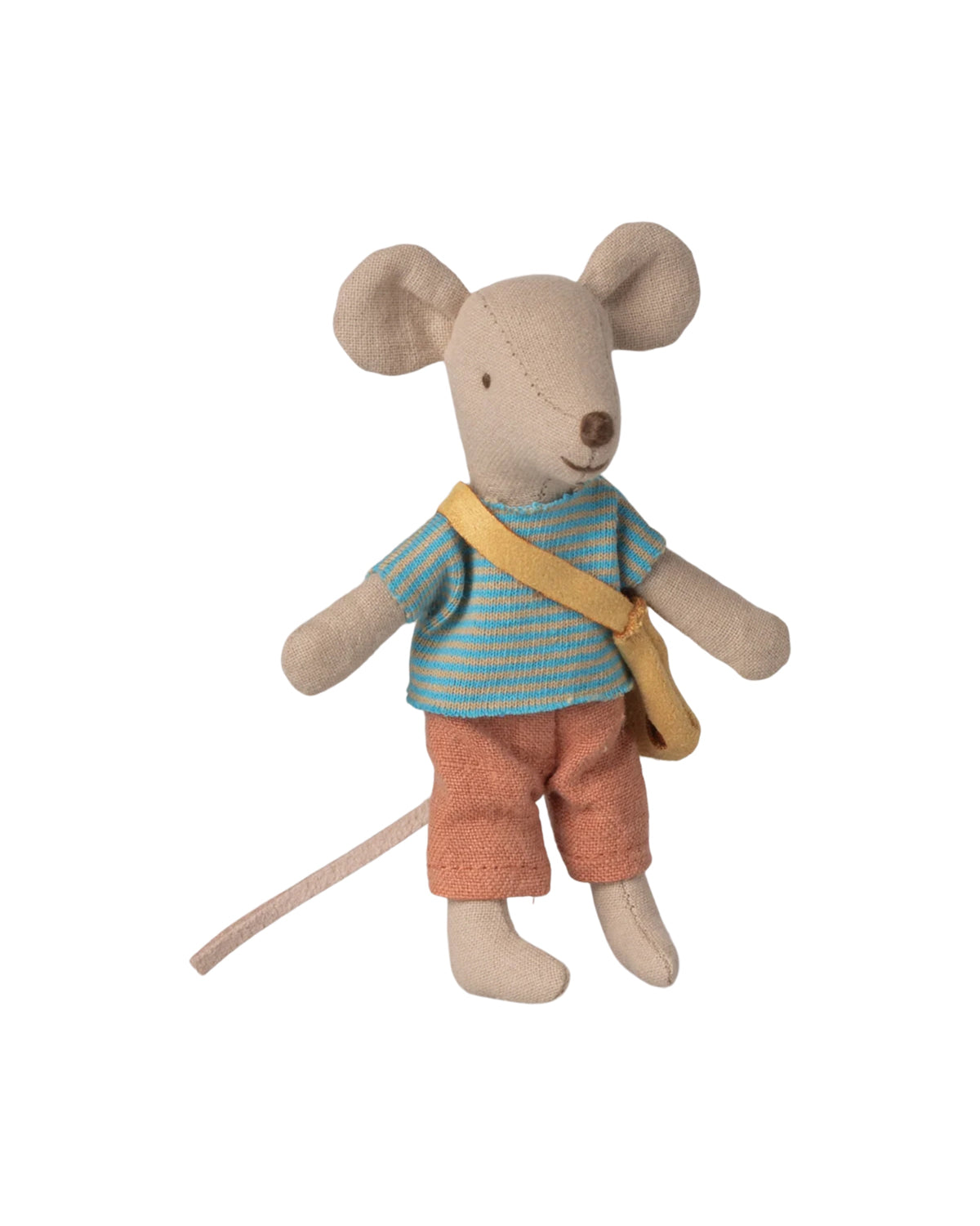 Maileg Little Brother Mouse with striped shirt, pink pants, and bag; soft toy with magnetic paws on white background.