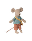 Maileg Little Brother Mouse with striped shirt, pink pants, and bag; soft toy with magnetic paws on white background.