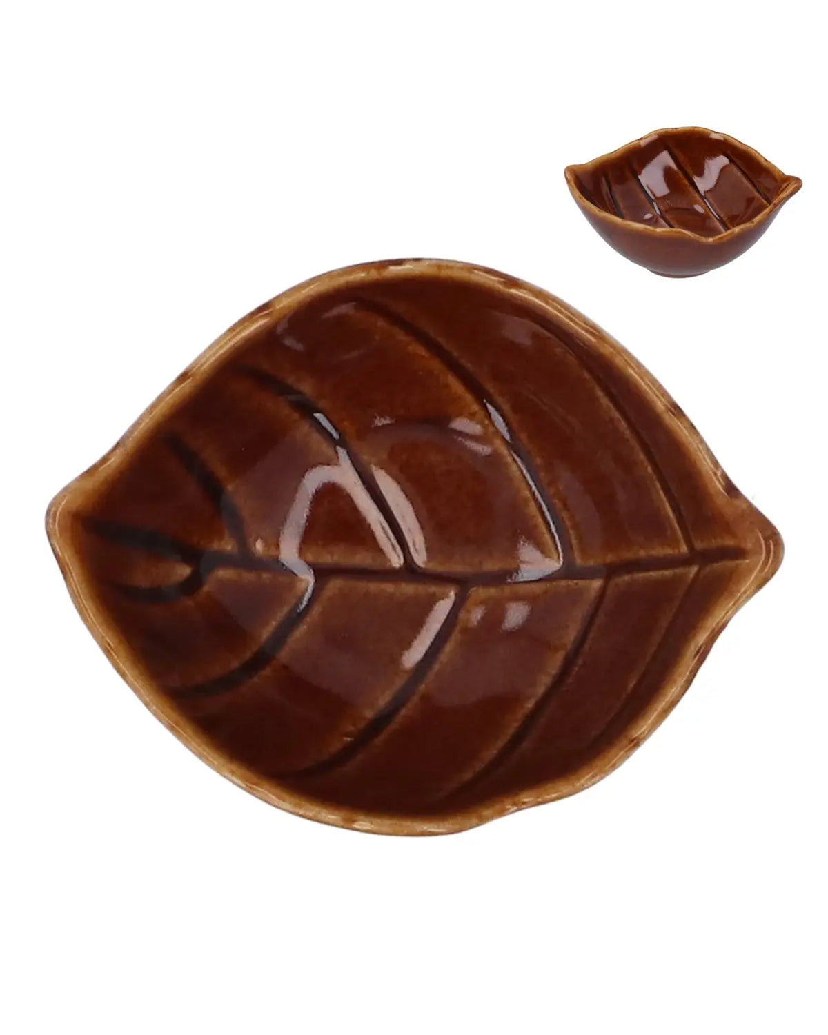 Mini brown stoneware leaf dish with detailed veins, top and side view by Faire for Bungalow Furniture & Accessories.