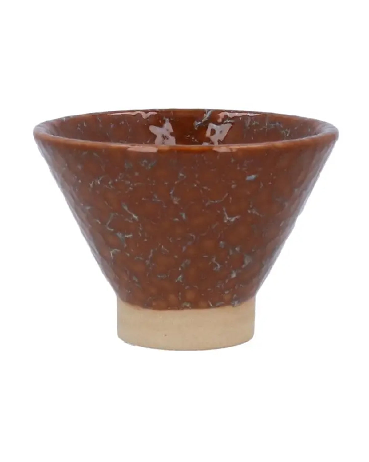 The Brown Speckle Stoneware Mini Bowl by Faire features a conical shape, brown marbled glaze, and light beige base—perfect as tabletop decor and shown against a white background.
