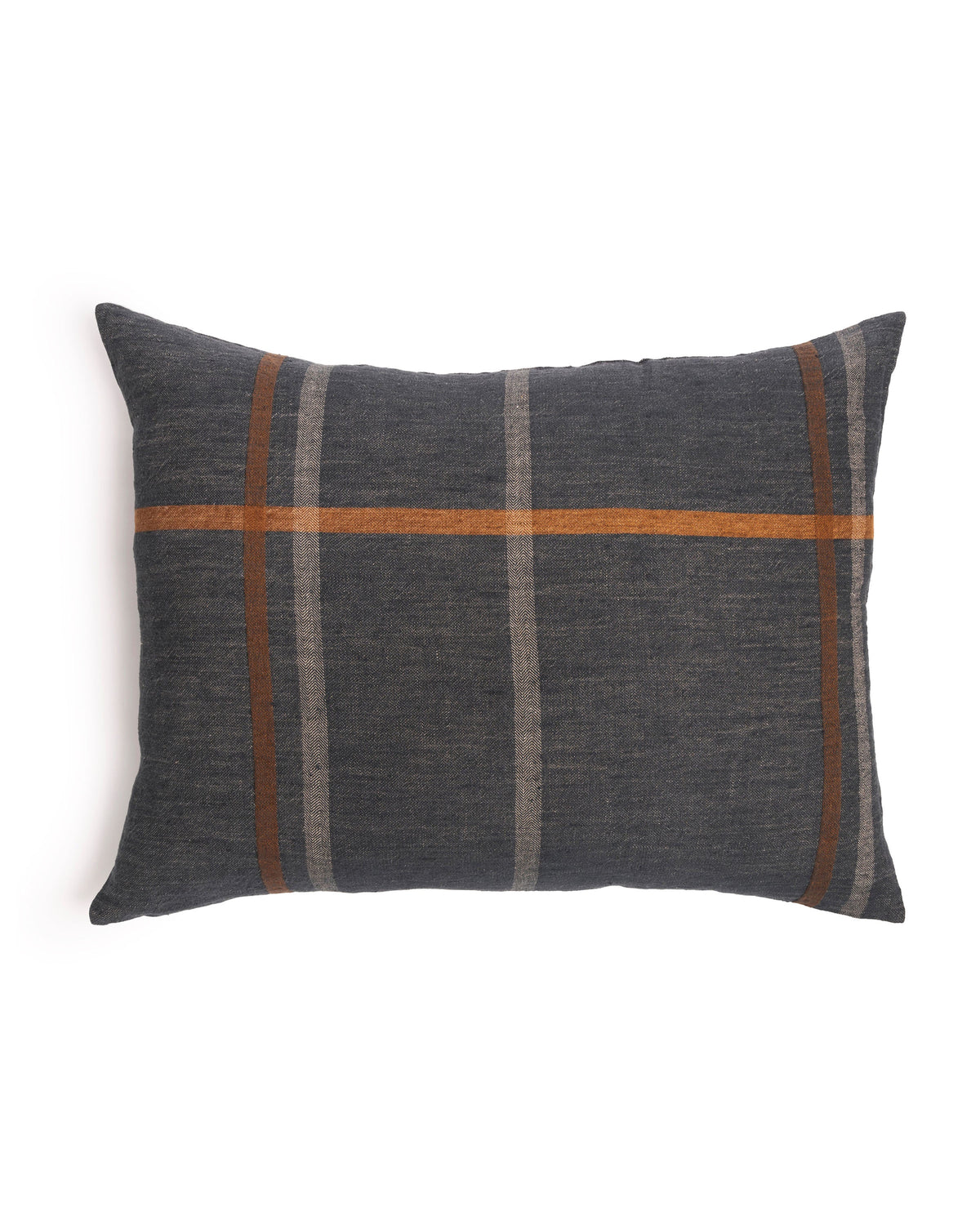 The POM POM Bryant Big Pillow 28x36 features a rectangular, dark gray, hand-loomed linen cover with textured vertical gray and brown stripes and a horizontal brown stripe near the top.
