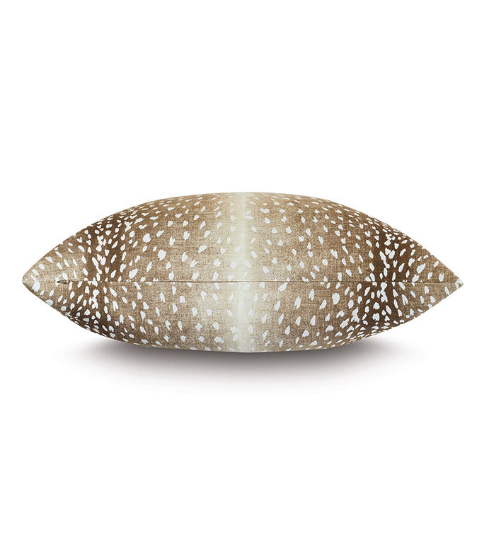 Wiley Animal Cappuccino Pillow 22x22 in a tan and white dappled fawn pattern with a central vertical stripe.