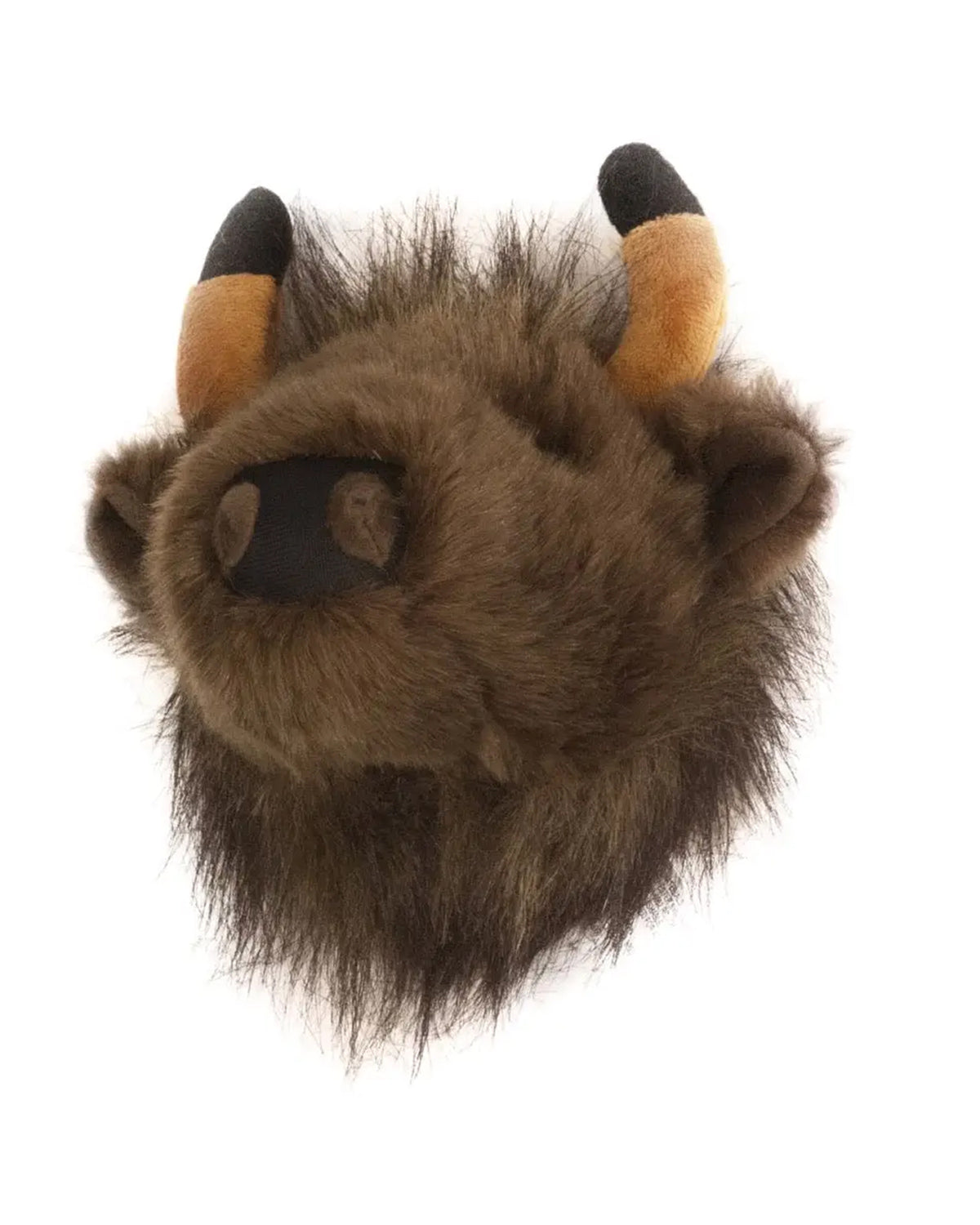 The Faire Buffalo Mini Trophy Head is a plush, furry buffalo with brown and black horns, round ears, and a black snout—an ideal wall décor piece for outdoor enthusiasts—shown on a white background.