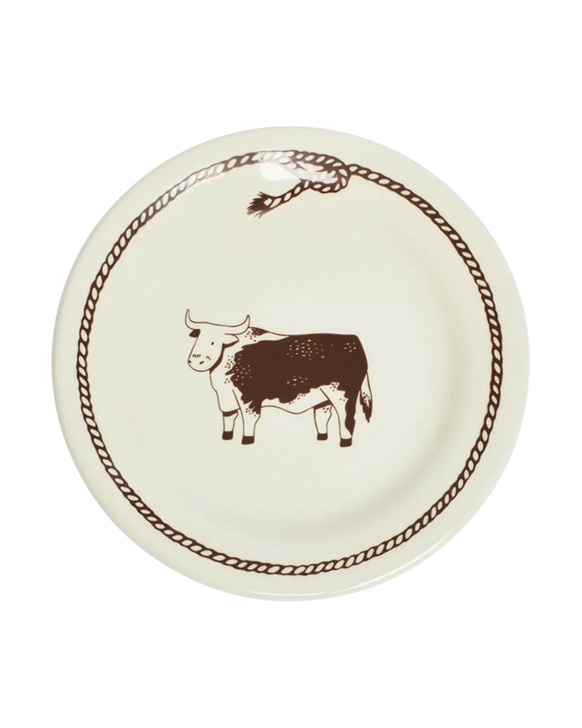 Stoneware plate with brown cow illustration and rope border by Fishs Eddy, microwave and dishwasher safe.