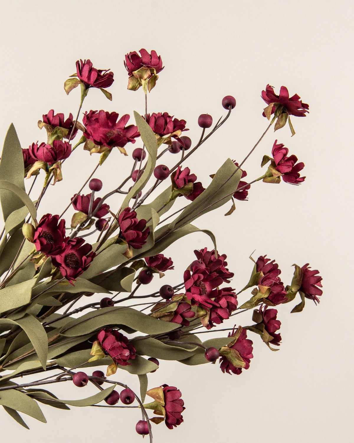 Burgundy mini daisy and berry bush with green leaves by Faire, displayed on a beige background.