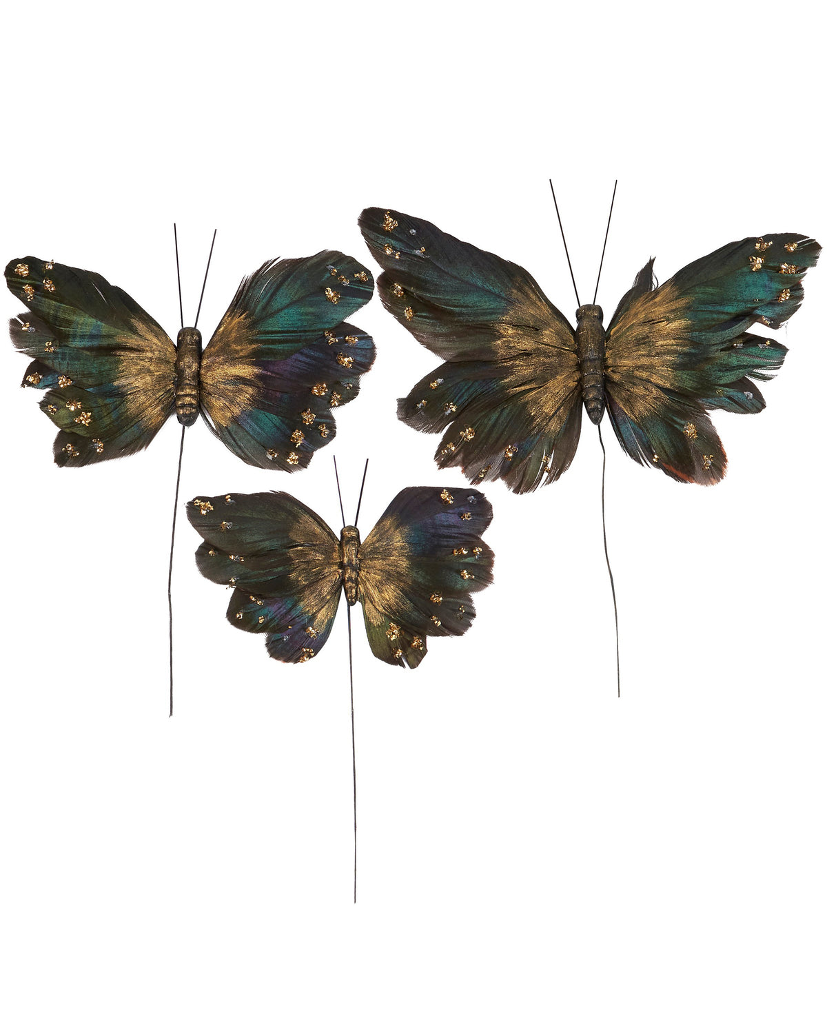 Set of 3 butterfly picks with black, green, and gold wings on wires by Faire Moody for decorative accents.