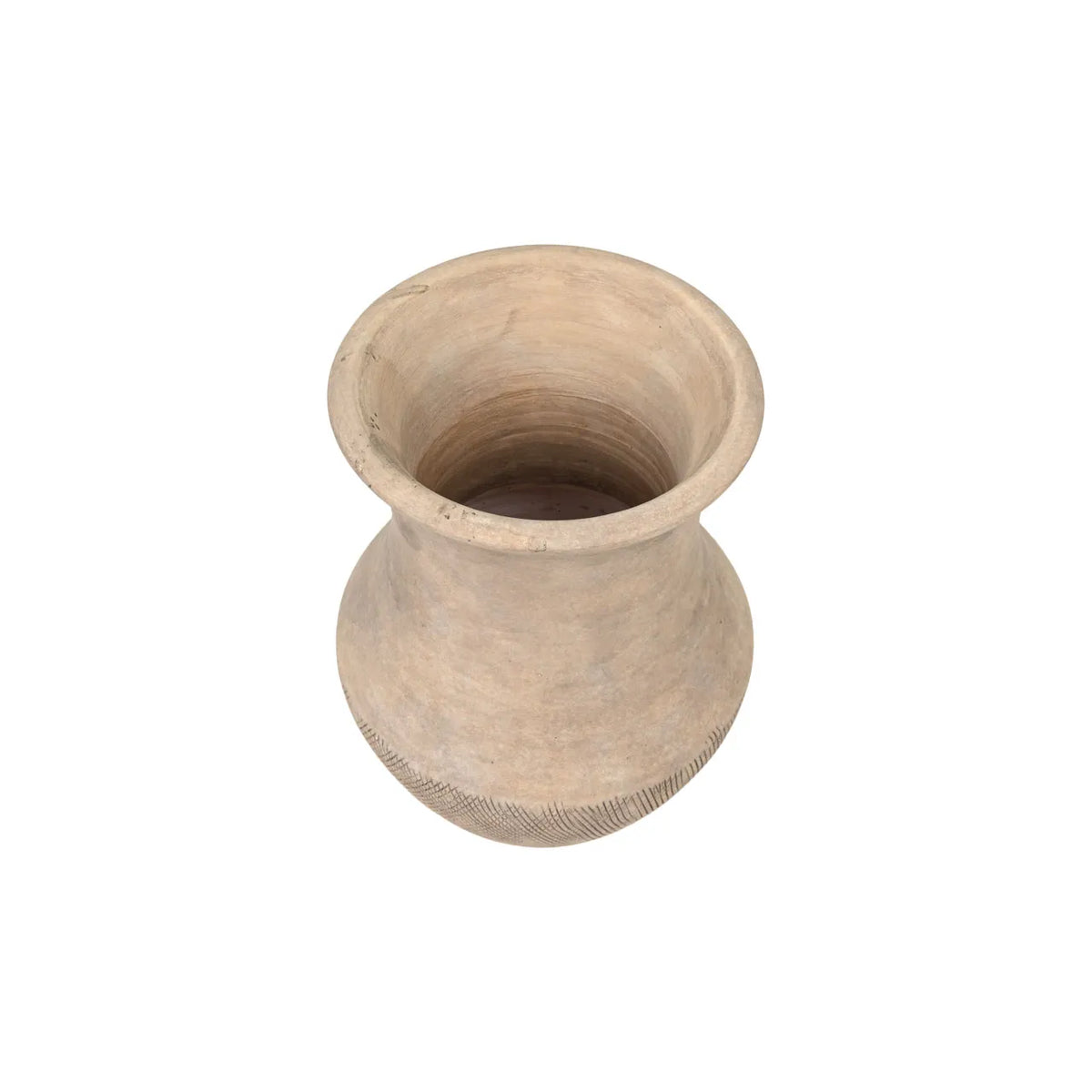The Dalona Short Vase by The Import Collection is a handcrafted beige clay pot with a wide mouth, narrow base, and subtle patterns near the bottom—a unique modern vase set against a white background.