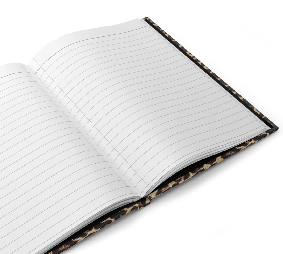 The Faire Leopard Journal is an open hardcover notebook with lined pages and a stylish brown and tan leopard print cover, shown against a white background.