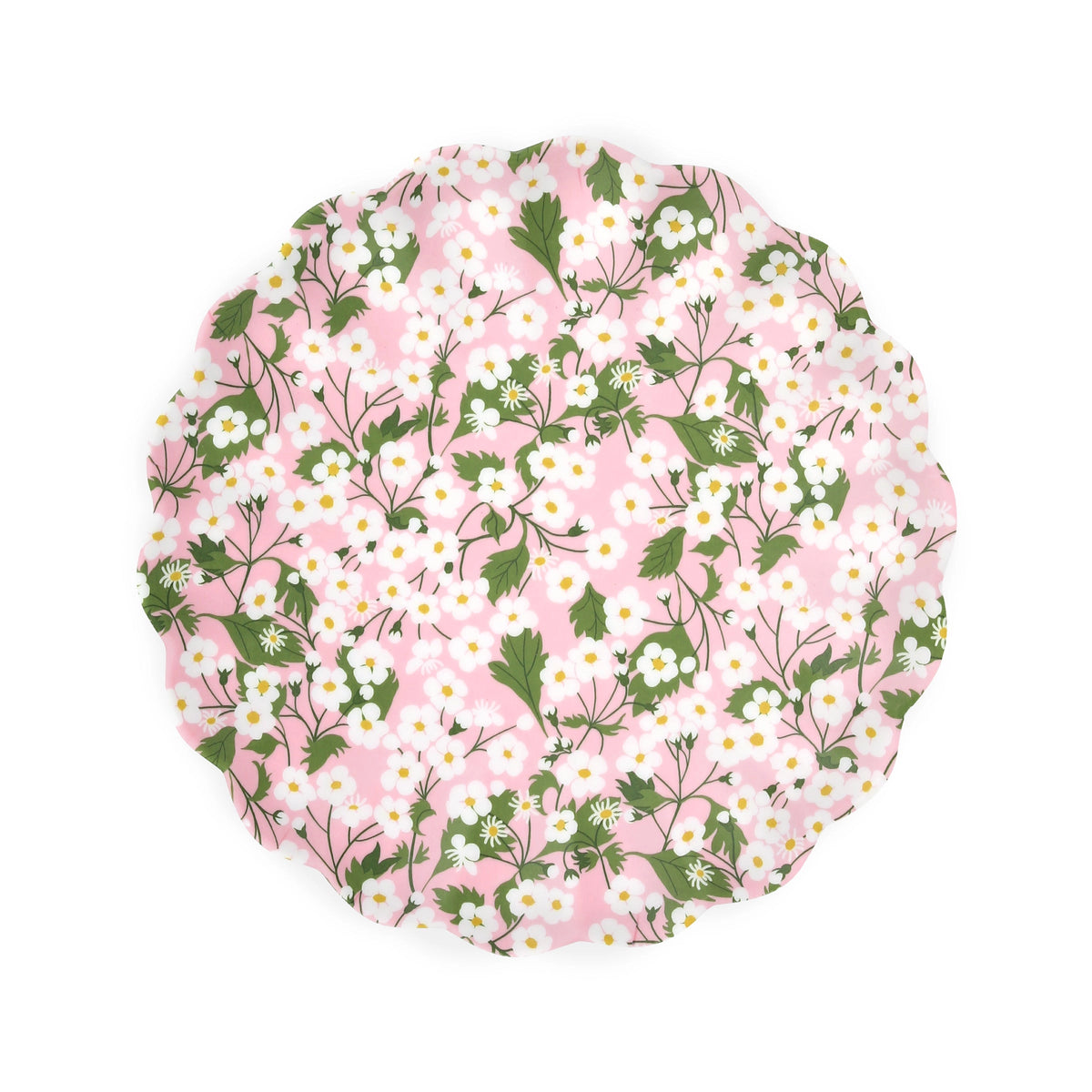 Pink scallop-edged plate with white florals and green leaves, Meri Meri x Liberty for Bungalow Furniture, reusable set.