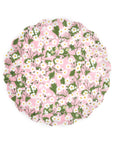 Pink scallop-edged plate with white florals and green leaves, Meri Meri x Liberty for Bungalow Furniture, reusable set.