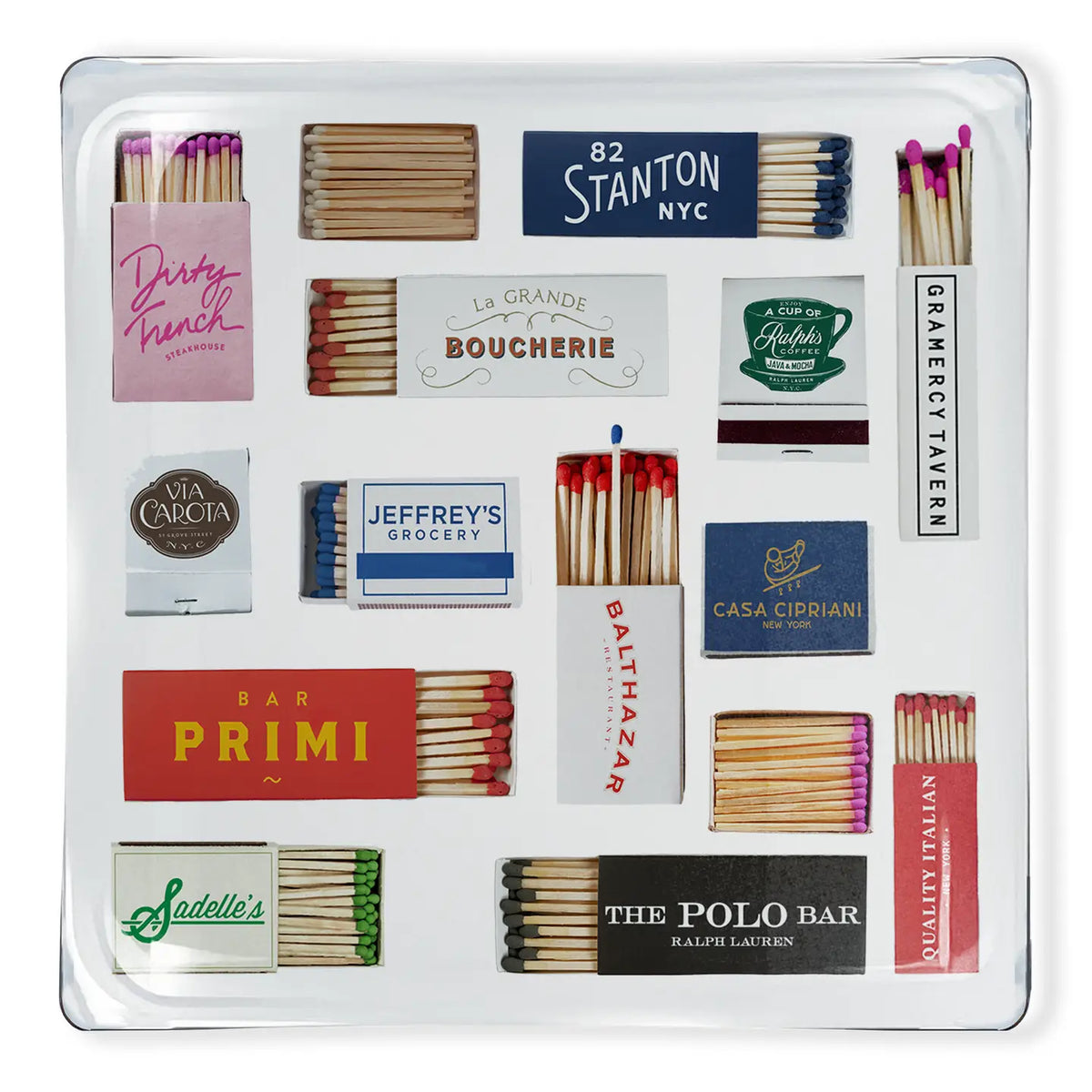 Ceramic tray with NY Restaurants print by Faire, perfect for organizing matchbooks; ideal gift for city dining fans.