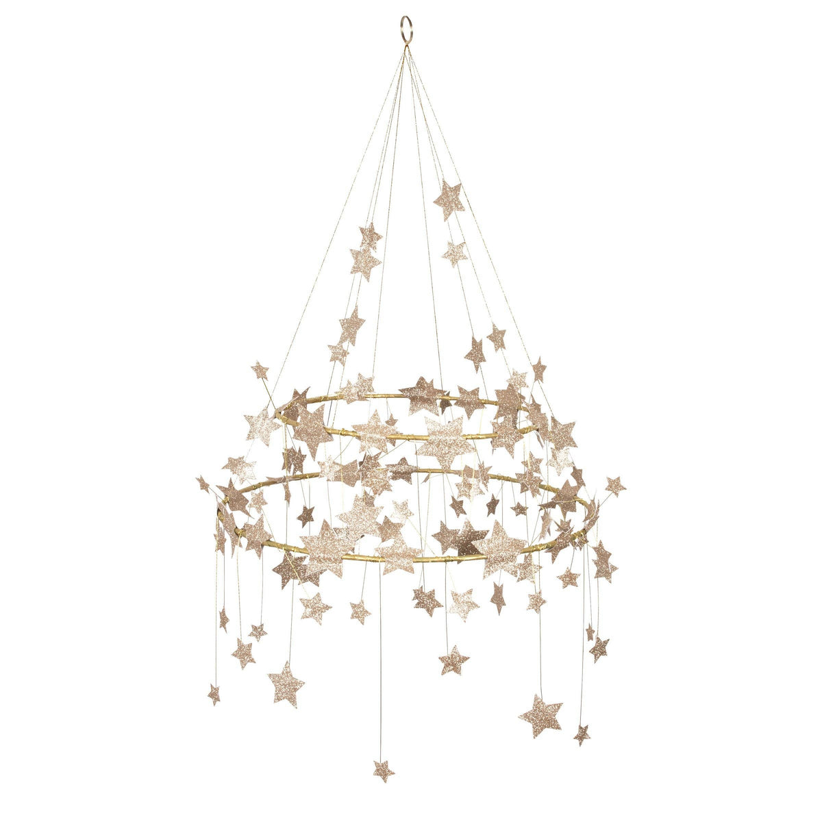 The Faire Gold Sparkle Star Chandelier features two gold rings with plant-based glitter stars suspended from strings, creating a whimsical celestial Pajaki-inspired decor perfect for any space.