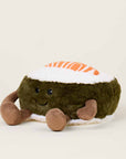 The Salmon Sushi Warmies by Faire is a microwavable plush toy shaped like a smiling salmon sushi roll, featuring brown arms and orange-white details on top.