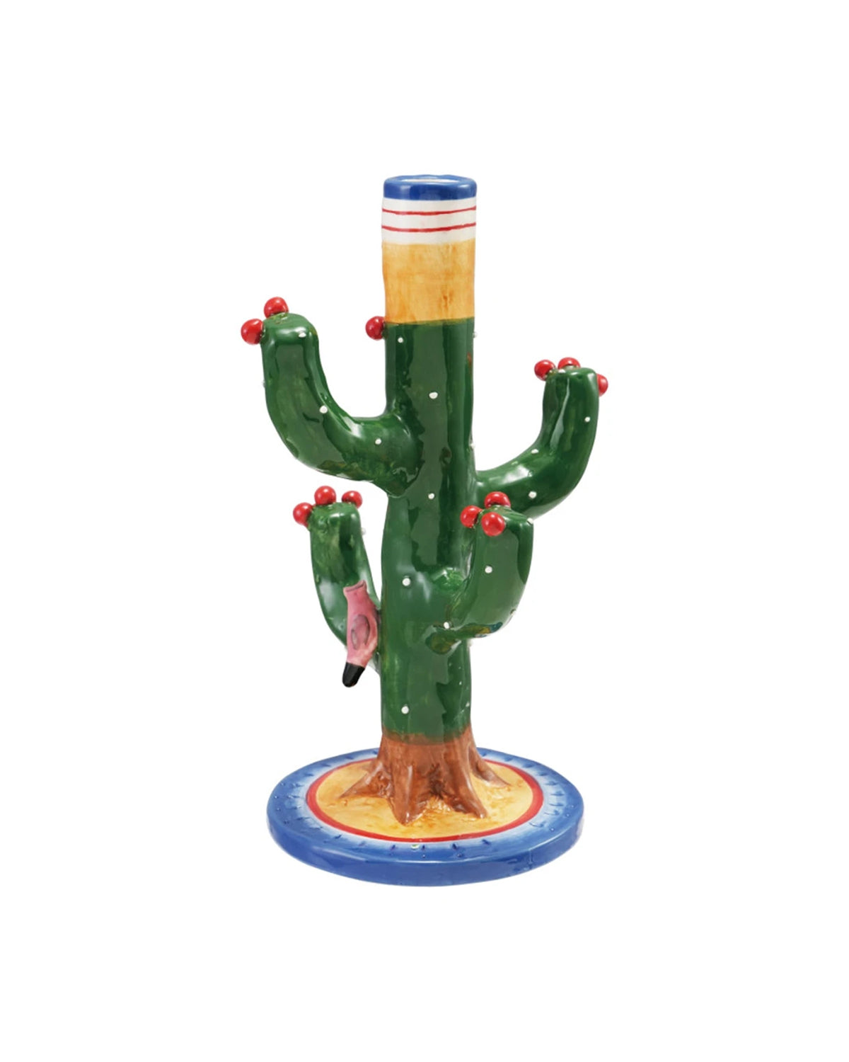 Hand-painted green ceramic cactus taper holder with red floral accents by Creative Co-op.