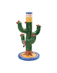 Hand-painted green ceramic cactus taper holder with red floral accents by Creative Co-op.
