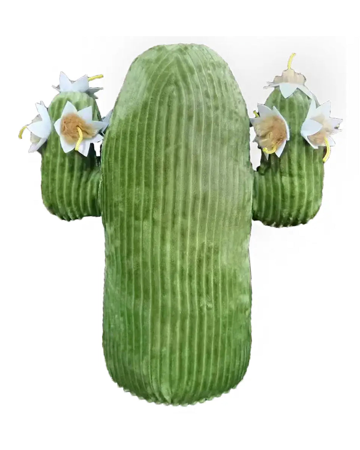 The Faire Saguaro Cactus Stuffed Toy is a soft, green plush with vertical ridges, two arms, and white fabric flowers with yellow centers—ideal for adding a touch of the American Southwest to playtime.