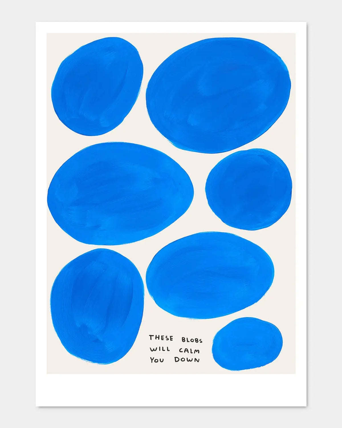 The "These Blobs Will Calm You Down Postcard" by Faire features seven large abstract blue blobs on a light background with handwritten text, evoking the playful style of David Shrigley.