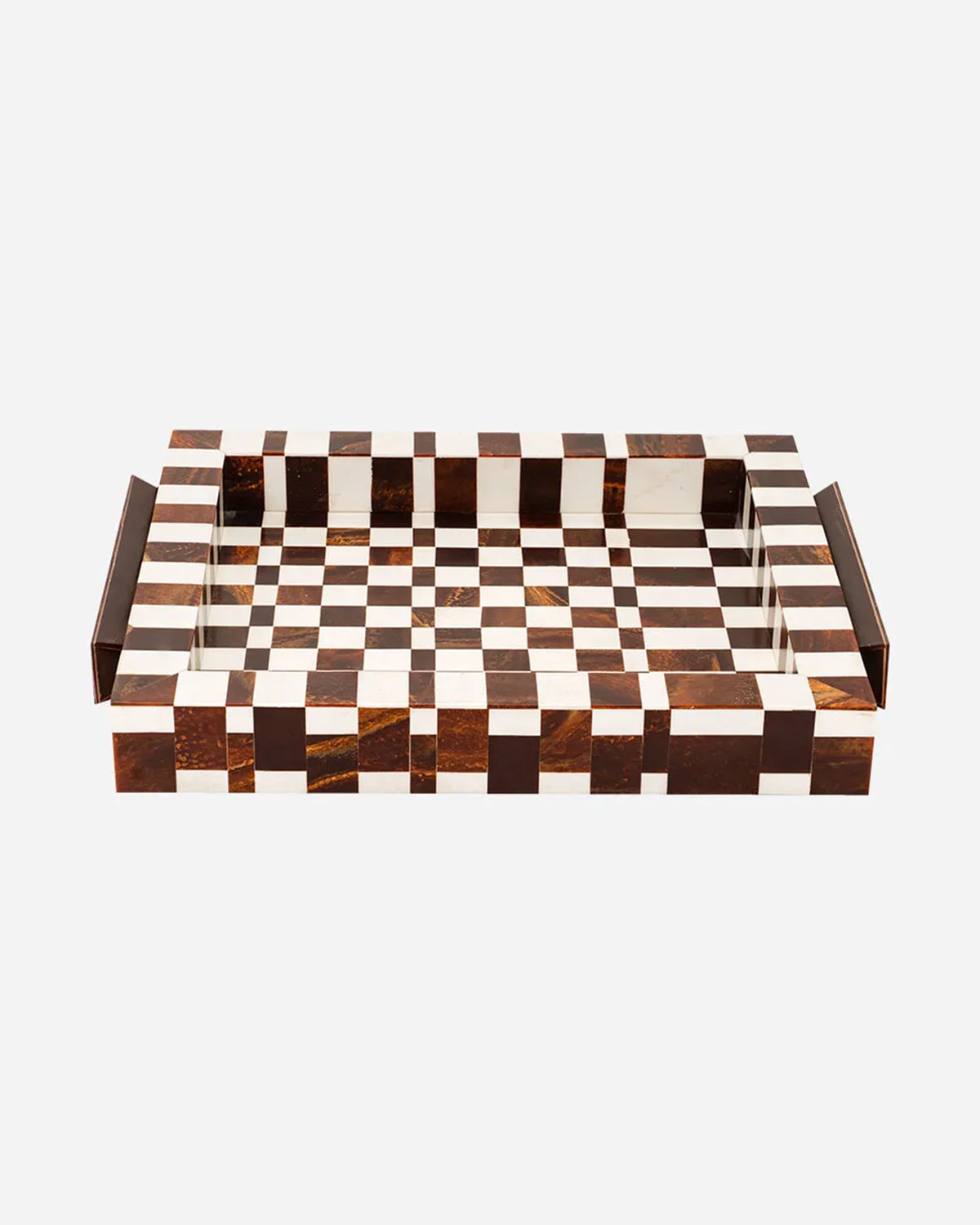 Camiro small rectangular coffee table tray in brown and white checkered pattern with dark handles by Bungalow Furniture.