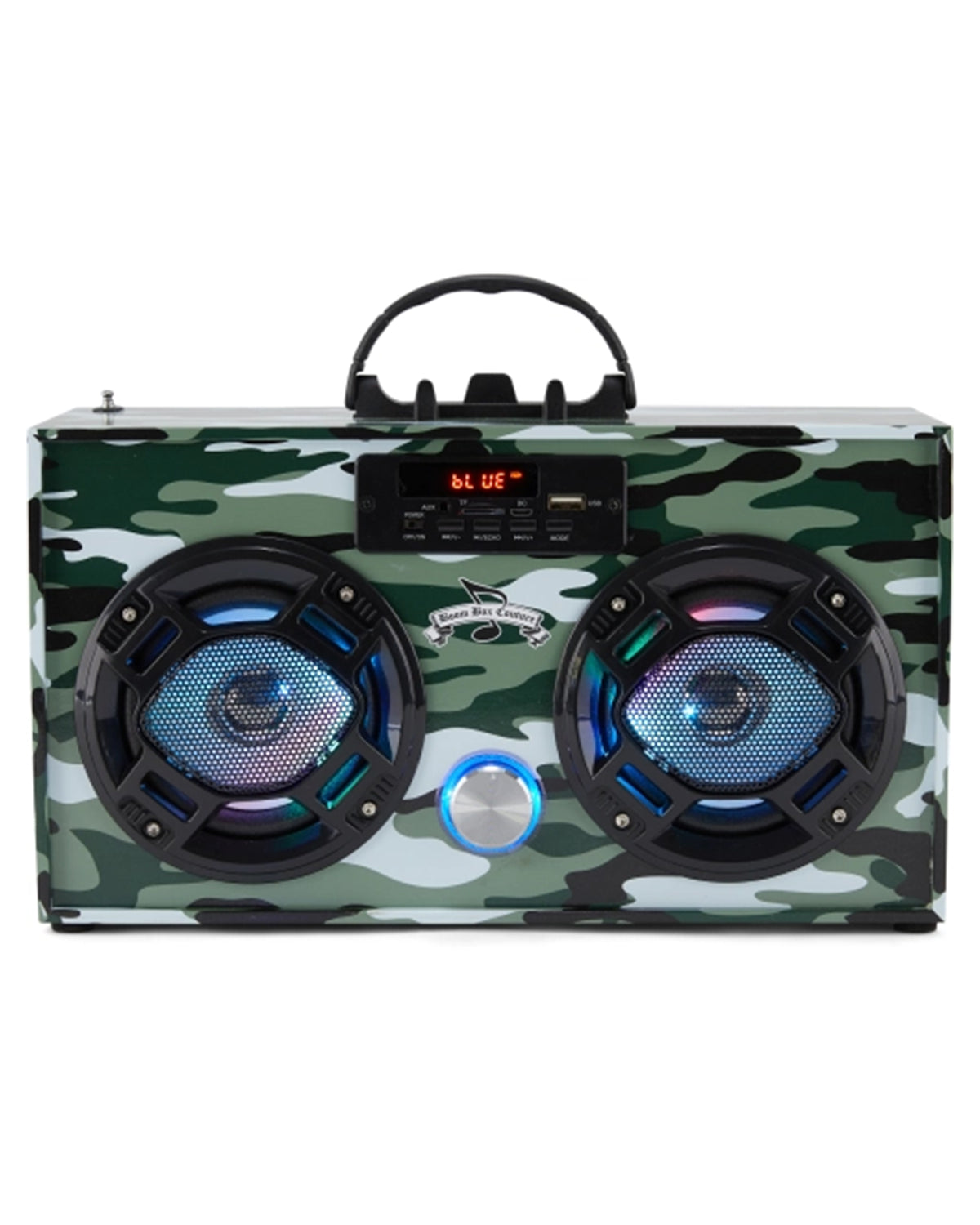 The Faire Green Camo Wireless Boombox with FM Radio features a vintage design, two large speakers, LED display, colorful lights, control buttons, and carrying handle—perfect for music on the go.