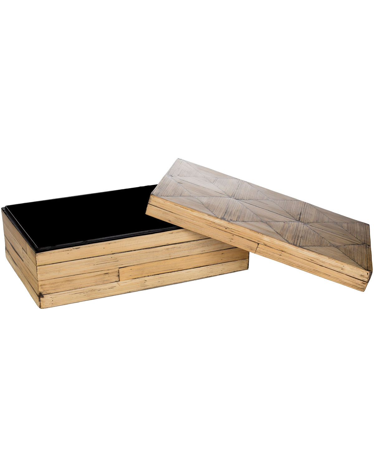 Rectangular bamboo Cane Garden Box by Bungalow Furniture & Accessories with geometric hand-painted details and black base.