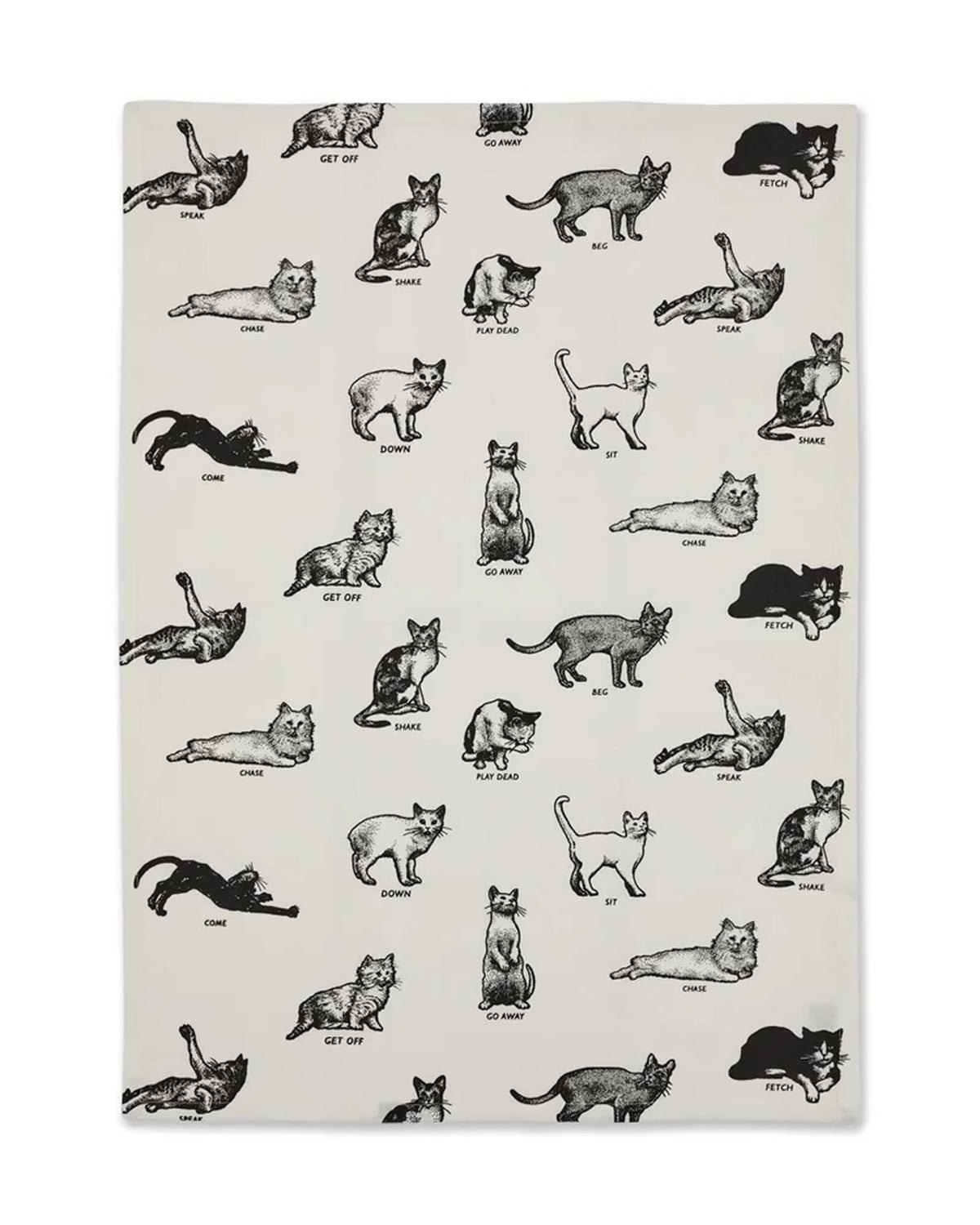Cotton tea towel with playful black cats and commands, by Fishes Eddy, 20x28 inches, ideal for kitchens.