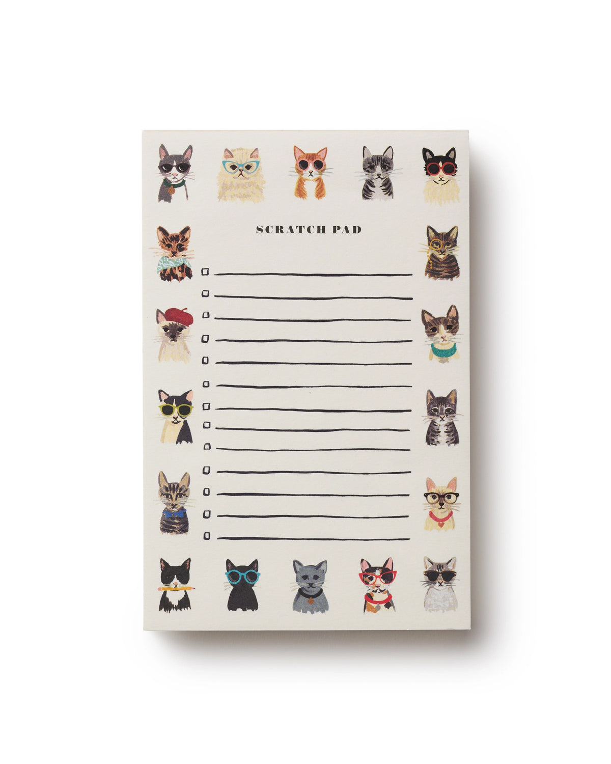 The Faire Cool Cats Notepad features tear-off, lined sheets with checkboxes, bordered by quirky cats in glasses and accessories along the edges.