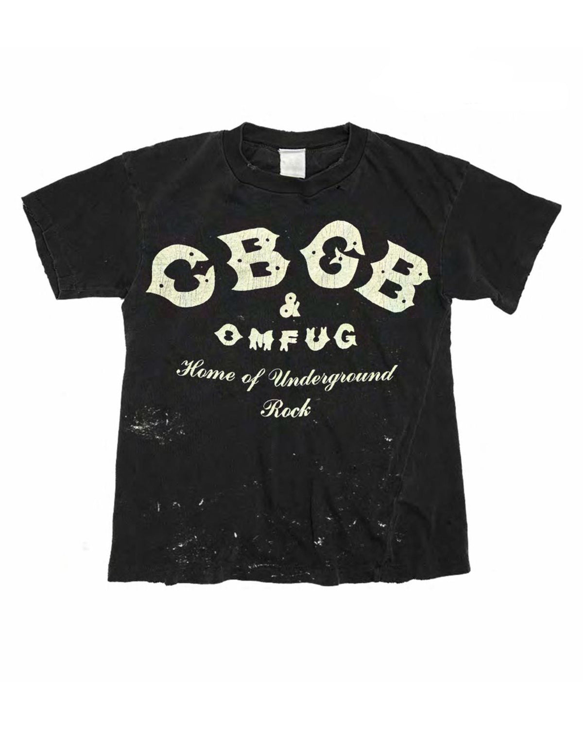The Made Worn CBGB Crop Tee features a worn, faded black finish with "CBGB & OMFUG Home of Underground Rock" in distressed white lettering and visible white stains near the bottom, creating a classic vintage look.