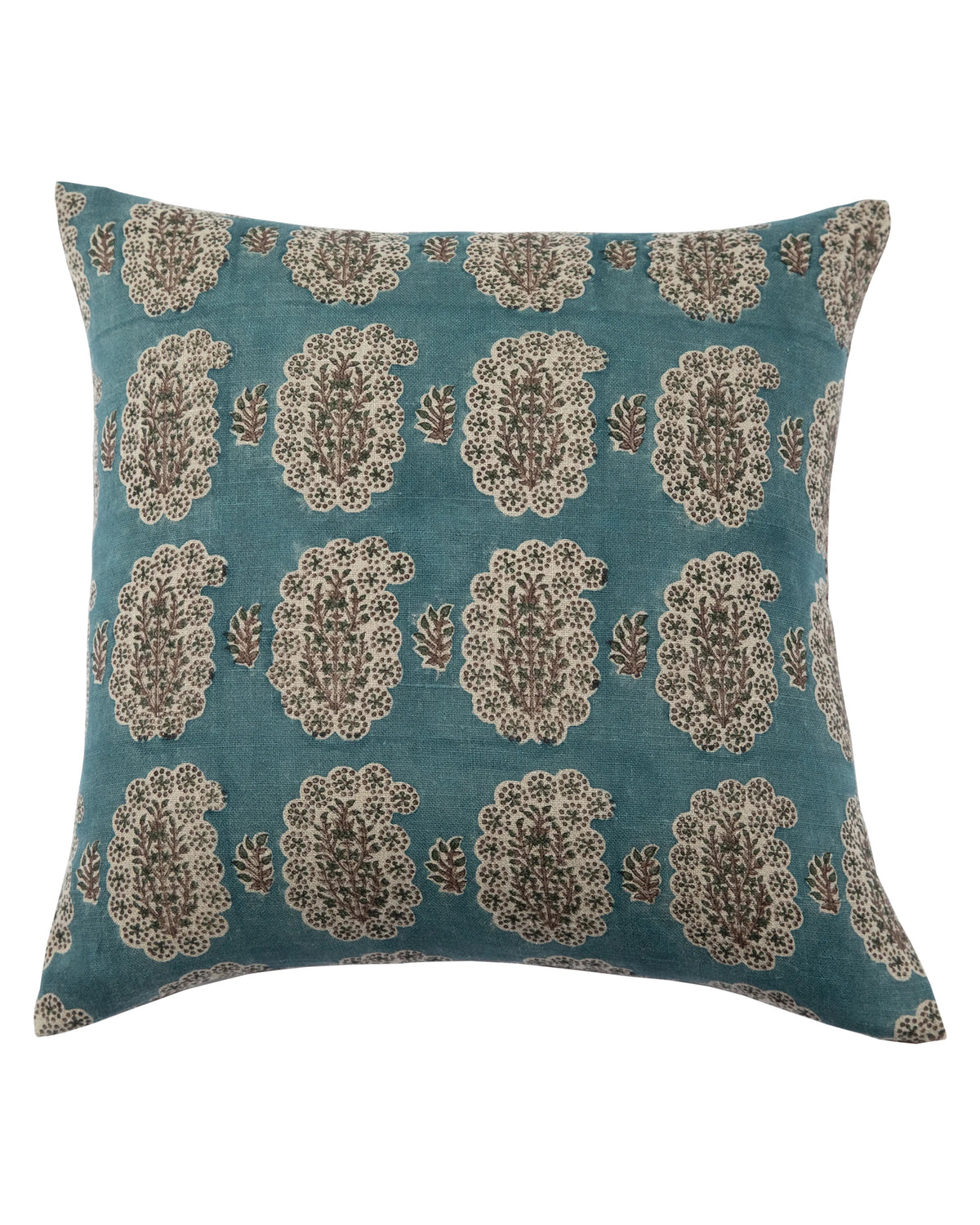 The CEFALU SEA 24X24 pillow by Filling Spaces LLC features a teal blue background with cream and brown floral motifs, making it a stylish accent to enhance any room’s charm.