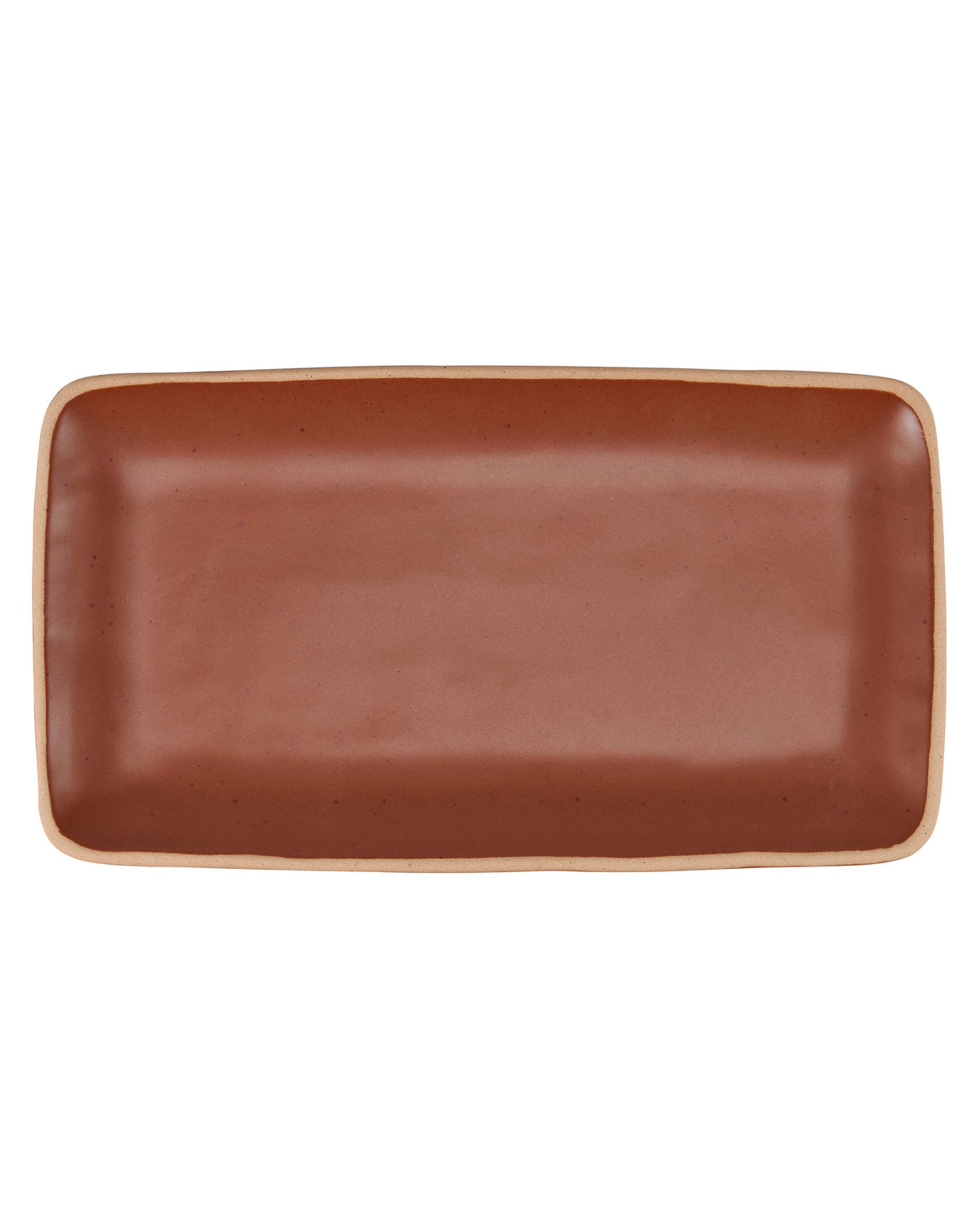 Red rectangular stoneware platter with raised edges by Faire, perfect for serving, shown on a white background.