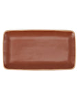 Red rectangular stoneware platter with raised edges by Faire, perfect for serving, shown on a white background.