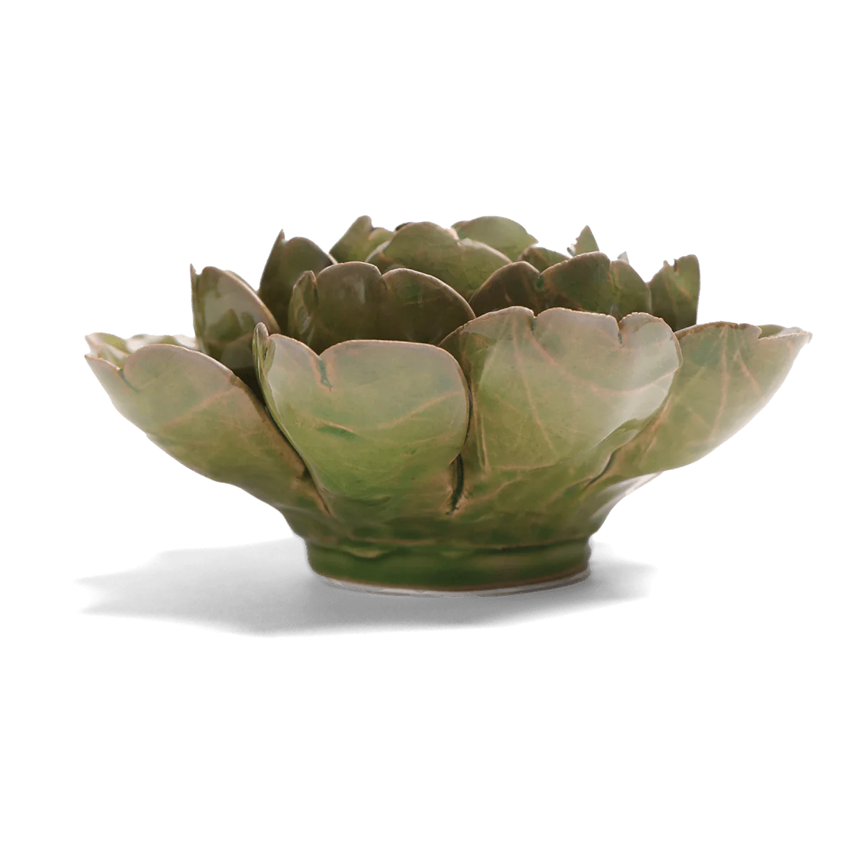 Blooming flower-shaped studio pottery bowl in moss green from Moss Green Botanicals.