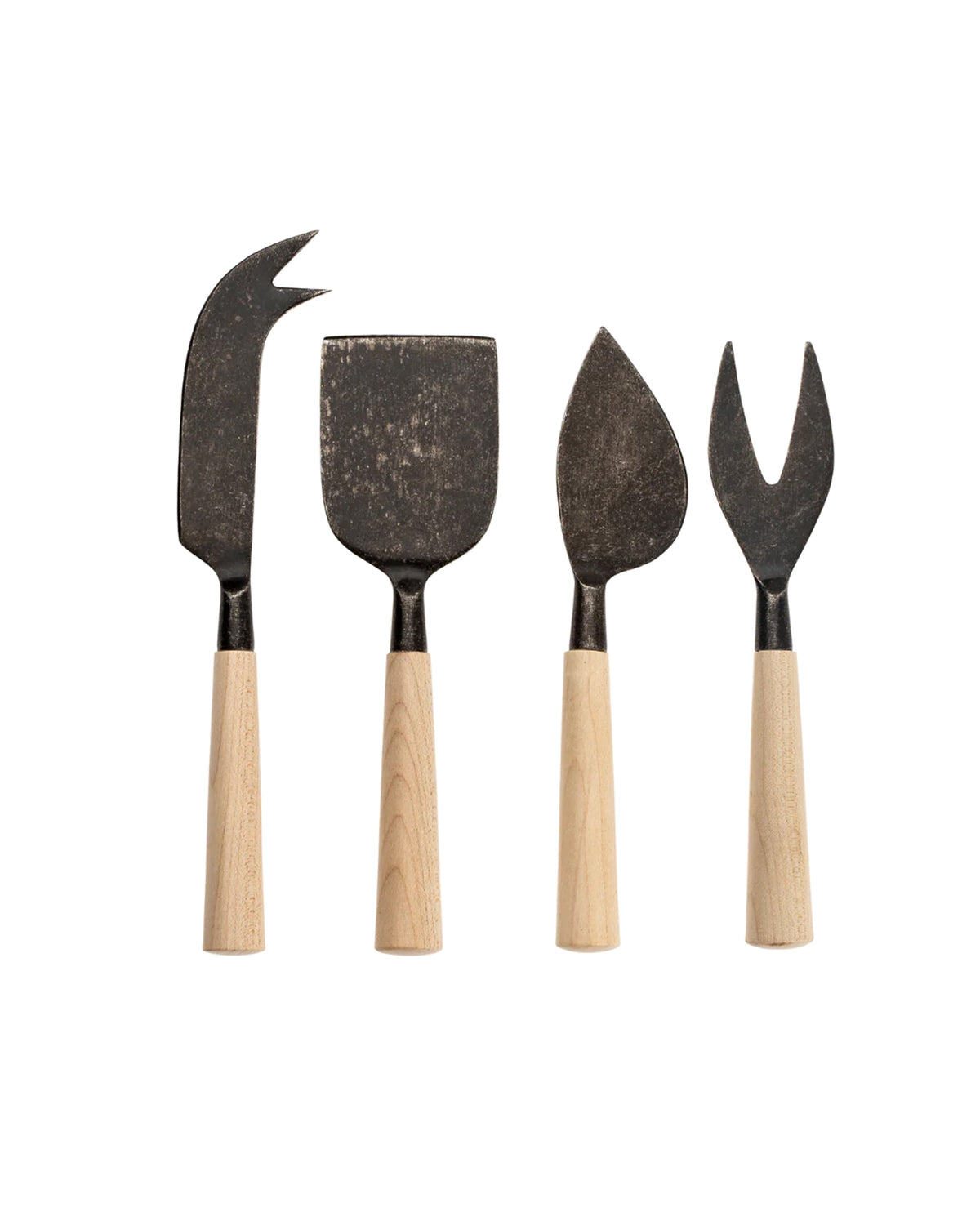 The Indaba Maple Wood Cheese Knives Black S/4 features four uniquely shaped black cheese knives with maple wood handles, displayed upright against a white background—ideal as distinctive hostess gifts.