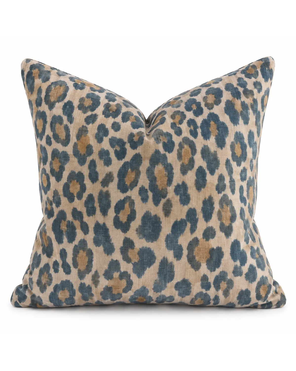 Square brown cheetah print pillow in tan, blue, and brown from Bungalow Furniture & Accessories.